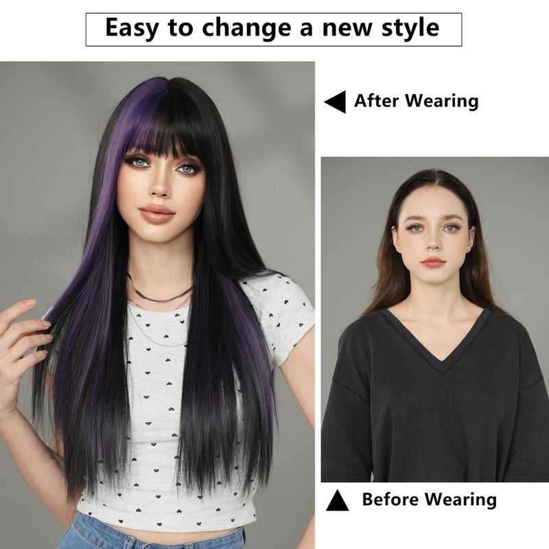 7JHH WIGS Long Straight Purple Highlight Wig with Bangs 27in Natural Heat Resistant Fiber Synthetic Half Black Half Purple Layered Wigs for Women Girls Holiday Chrismas Daily Party Used - Image 3